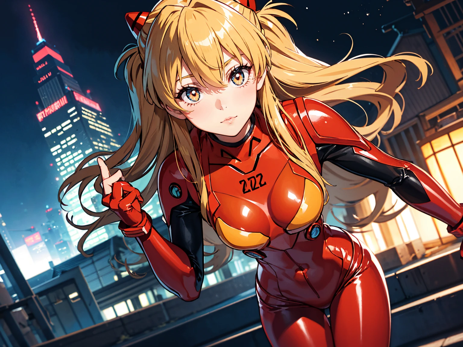 Realistic wide-angle photos,Dynamic Angle,Extremely detailed, illustration, straight on, 1 girl, ((Muneru Asuka Langley, Interface Headphones, Red leggings:1.4, Blonde)),Her eyes shone like Dreamy stars,(Glowing eyes:1.233),(Beautiful and delicate eyes:1.1),(Everlasting), Standing on top of Tokyo Tower, Soft Light, (night:1.2),Dreamy, [[Slender fingers and hands:0.55]::0.85],(Detail fingers)