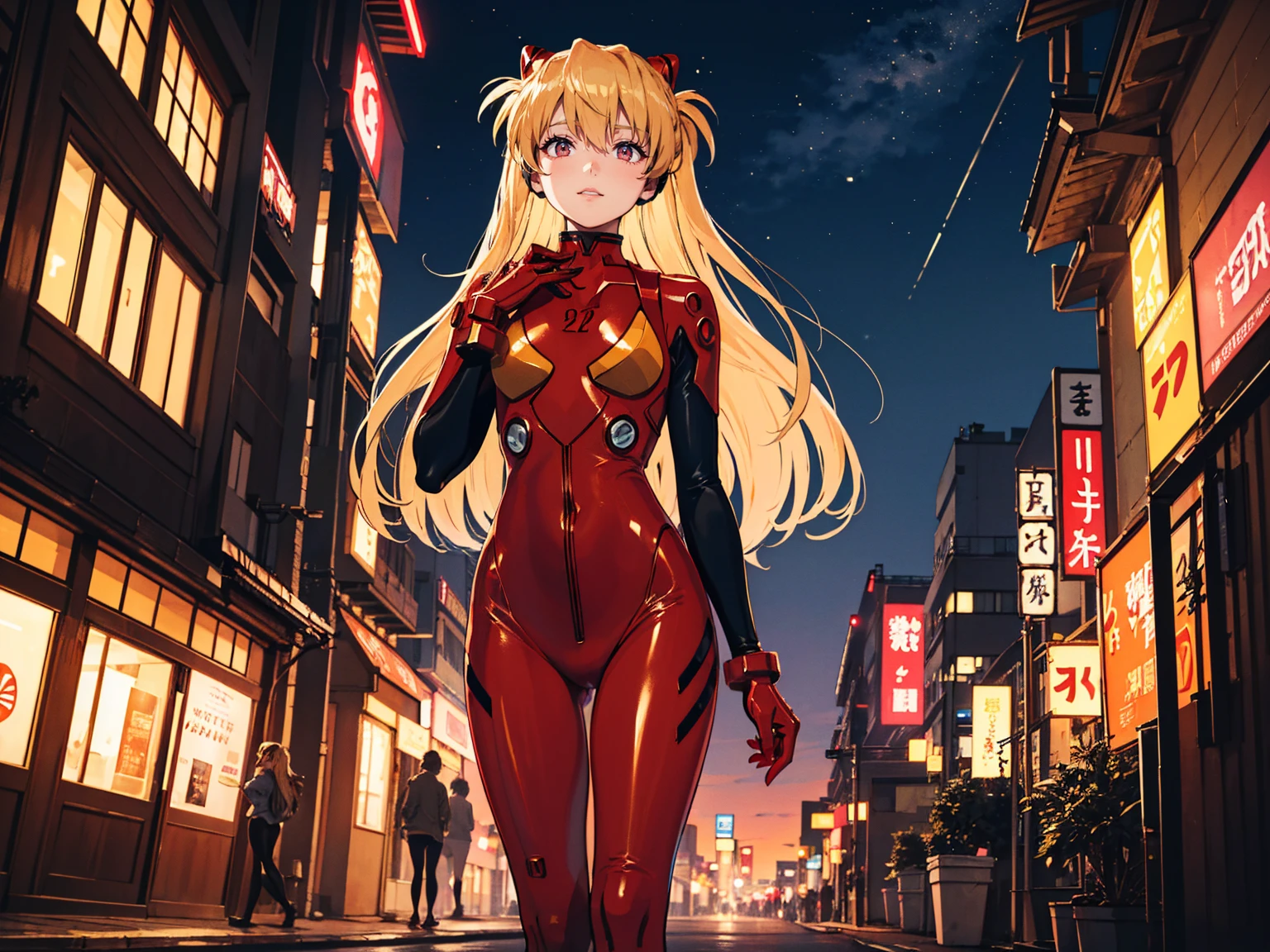 Realistic wide-angle photos,Dynamic Angle,Extremely detailed, illustration, straight on, 1 girl, ((Muneru Asuka Langley, Interface Headphones, Red leggings:1.4, Blonde)),Her eyes shone like Dreamy stars,(Glowing eyes:1.233),(Beautiful and delicate eyes:1.1),(Everlasting), Standing on top of Tokyo Tower, Soft Light, (night:1.2),Dreamy, [[Slender fingers and hands:0.55]::0.85],(Detail fingers)