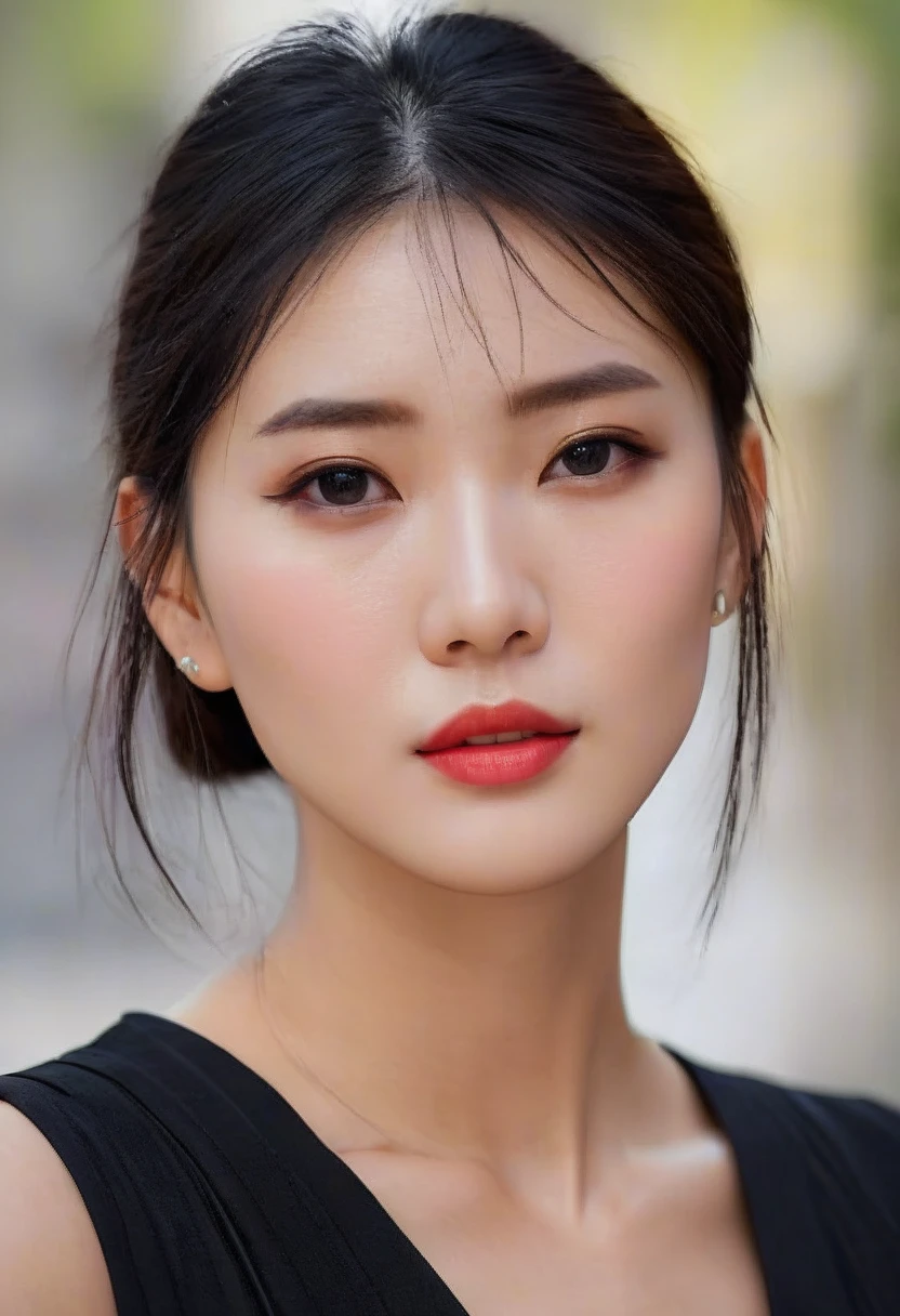 ((chinese woman, she is a professional fashion model, 30 years old, has stylish atmosphere)), wearing stylish black dress, at street, black (medium hair), black eyes, closed mouth, (Slanted Eyes, Hanging eyes, small eyes, narrow eyes:1.2), (No-makeup look:1.2), profile photo, ((high-quality, hyper realistic, photorealistic, 8K, best quality, 4k, highres, masterpiece:1.5)), ultra-detailed, (realistic, photorealistic, photo-realistic:1.3), HDR, UHD, ultra-fine painting, sharp focus, physically-based rendering, extreme detail description, professional,