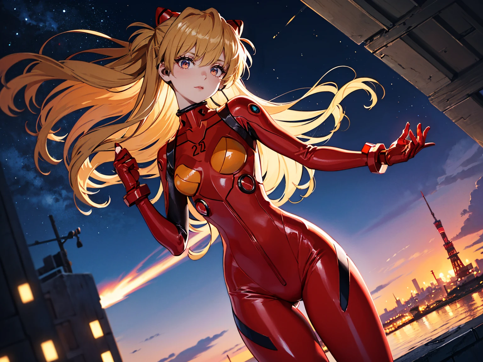 Realistic wide-angle photos,Dynamic Angle,Extremely detailed, illustration, straight on, 1 girl, ((Muneru Asuka Langley, Interface Headphones, Red leggings:1.4, Blonde)),Her eyes shone like Dreamy stars,(Glowing eyes:1.233),(Beautiful and delicate eyes:1.1),(Everlasting), Standing on top of Tokyo Tower, Soft Light, (night:1.2),Dreamy, [[Slender fingers and hands:0.55]::0.85],(Detail fingers)