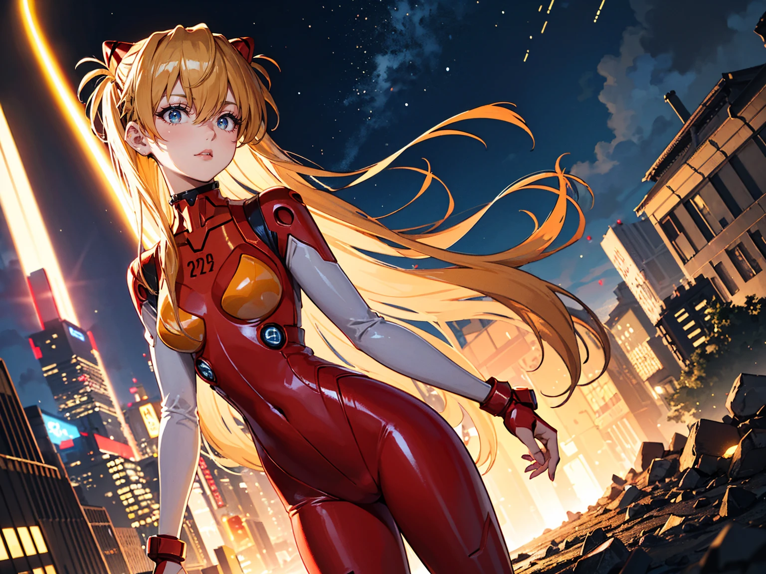 Realistic wide-angle photos,Dynamic Angle,Extremely detailed, illustration, straight on, 1 girl, ((Muneru Asuka Langley, Interface Headphones, Red leggings:1.4, Blonde)),Her eyes shone like Dreamy stars,(Glowing eyes:1.233),(Beautiful and delicate eyes:1.1),(Everlasting), Standing on top of Tokyo Tower, Soft Light, (night:1.2),Dreamy, [[Slender fingers and hands:0.55]::0.85],(Detail fingers)