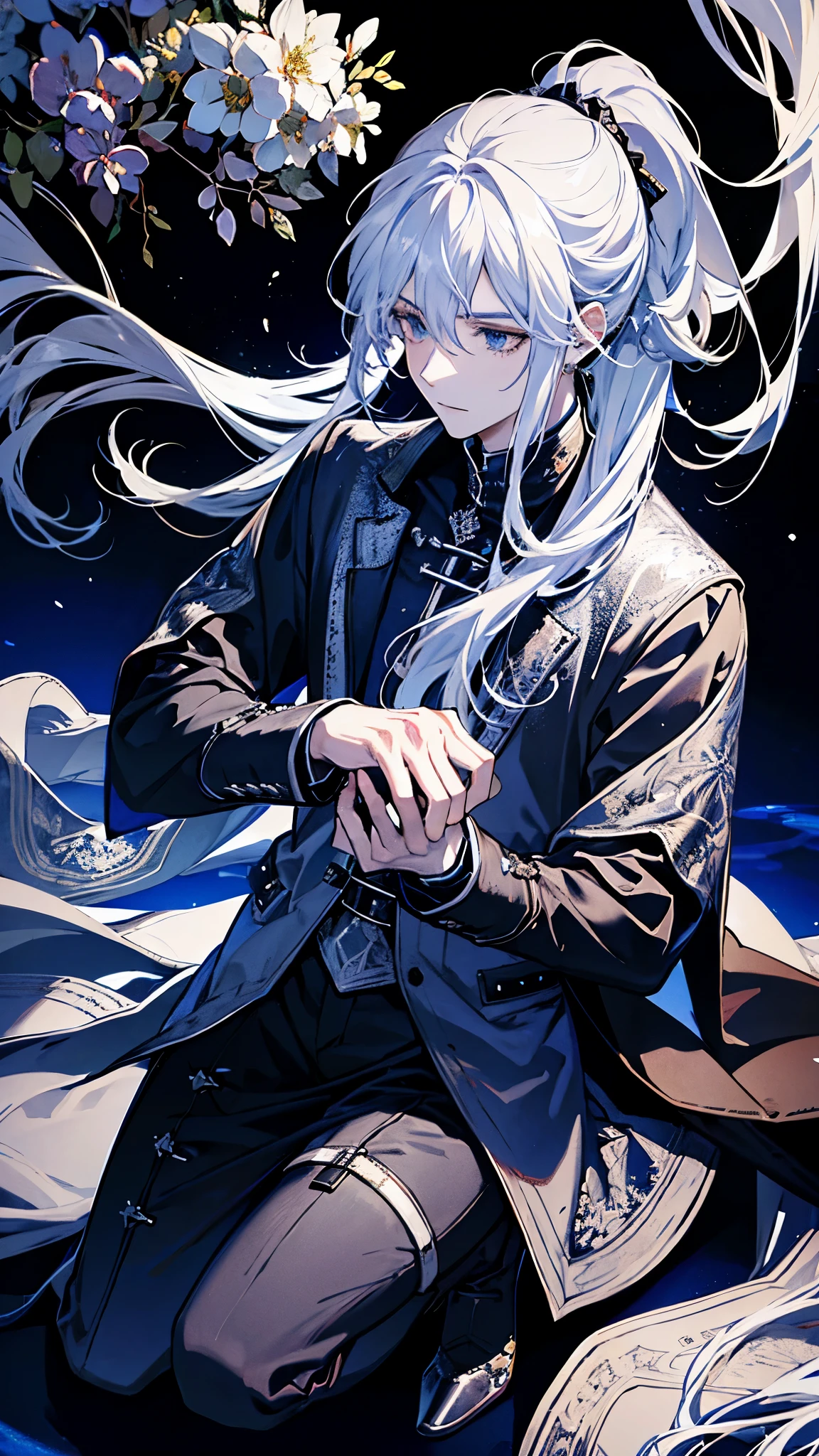 A knight around 25 years old wearing silver armor and a swordsman with long silver hair tied in a ponytail.,On one knee,