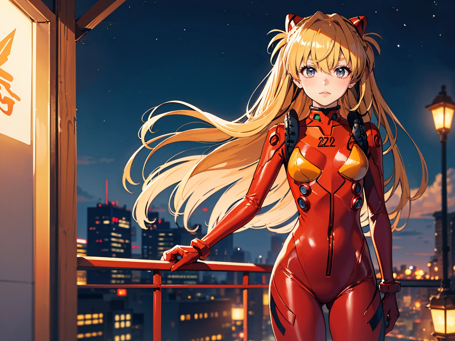Realistic wide-angle photos,Dynamic Angle,Extremely detailed, illustration, straight on, 1 girl, ((Muneru Asuka Langley, Interface Headphones, Red leggings:1.4, Blonde)),Her eyes shone like Dreamy stars,(Glowing eyes:1.233),(Beautiful and delicate eyes:1.1),(Everlasting), Standing on top of Tokyo Tower, Soft Light, (night:1.2),Dreamy, [[Slender fingers and hands:0.55]::0.85],(Detail fingers)