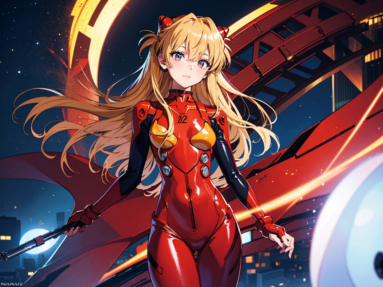 Realistic wide-angle photos,Dynamic Angle,Extremely detailed, illustration, straight on, 1 girl, ((Muneru Asuka Langley, Interface Headphones, Red leggings:1.4, Blonde)),Her eyes shone like Dreamy stars,(Glowing eyes:1.233),(Beautiful and delicate eyes:1.1),(Everlasting), Standing on top of Tokyo Tower, Soft Light, (night:1.2),Dreamy, [[Slender fingers and hands:0.55]::0.85],(Detail fingers)
