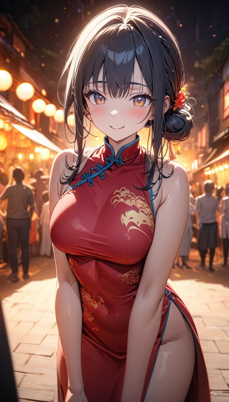 (best quality,8K,high resolution, masterpiece:1.2), (Anime style),Extremely detailed, HDR, Ultra HD, Studio Lighting, Super Fine, Clear focus, Physically Based Rendering, Extremely detailed的描述, professional, Bright colors, Bokeh, portrait, Concept Artist, Warm colors, Dramatic Lighting,Summer Night Out,1. Beautiful woman,(Sleeveless cheongsam),Hair Bun, A bright smile, Close your eyes, (Summer city landscape with many festivals and markets),(Beautiful hair, Radiant Skin,)(Silhouette of people passing by),(Anime style)