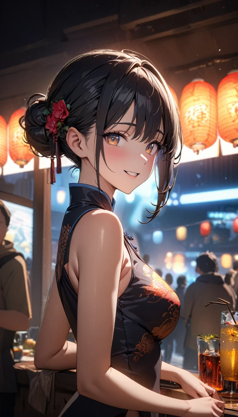 (best quality,8K,high resolution, masterpiece:1.2), (Anime style),Extremely detailed, HDR, Ultra HD, Studio Lighting, Super Fine, Clear focus, Physically Based Rendering, Extremely detailed的描述, professional, Bright colors, Bokeh, portrait, Concept Artist, Warm colors, Dramatic Lighting,Summer Night Out,1. Beautiful woman,(Sleeveless cheongsam),Hair Bun, A bright smile, Close your eyes, (Summer city landscape with many festivals and markets),(Beautiful hair, Radiant Skin,)(Silhouette of people passing by),(Anime style)