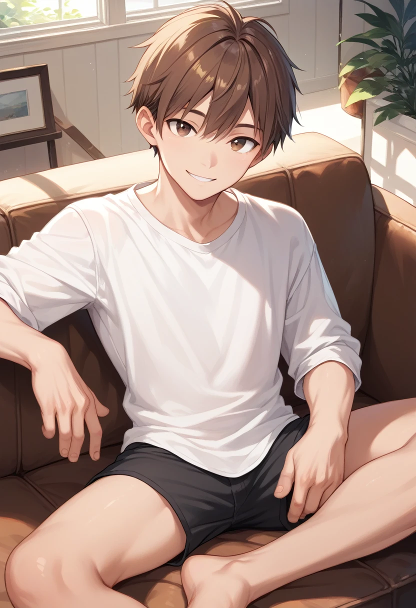 1boy, solo, , straight hair, short hair, brown hair, white shirt, black shorts, sitting, sofa, indoors, looking at viewer, smile
