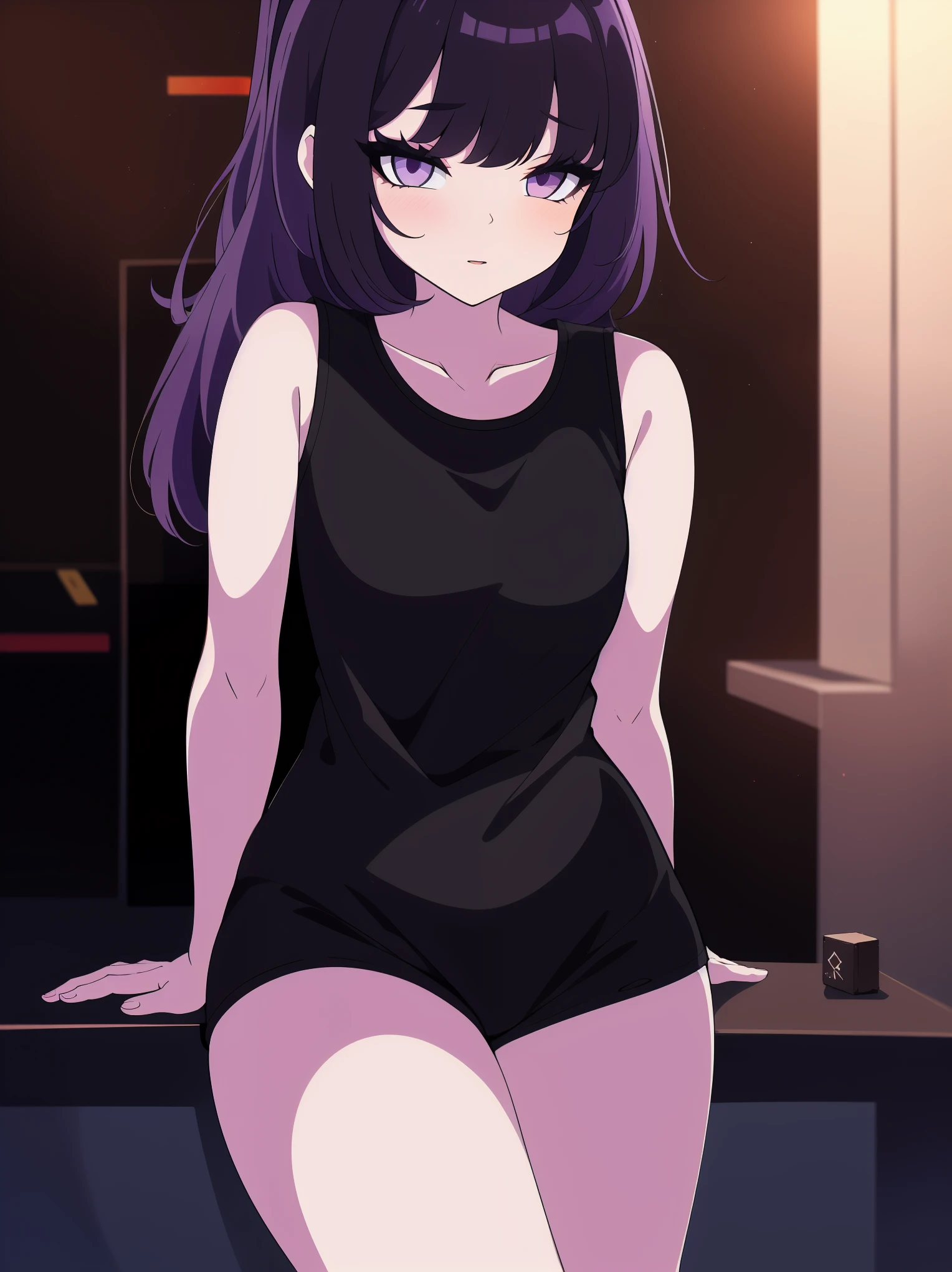 (Cowboy shot), colorful, (ultra-high resolution, depth of field:1.2), (1woman), with a confident expression, long dark hair in a ponytail, purple eyes, olive skin, black tank top