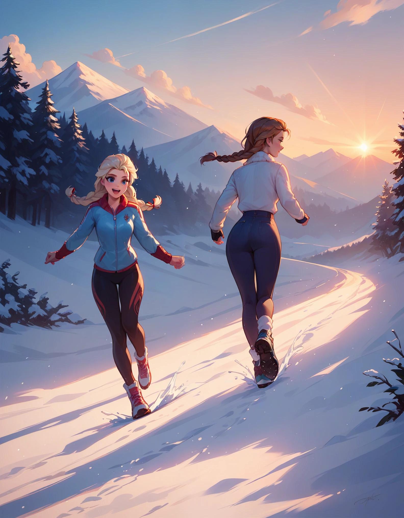 score_9, score_8_up, score_7_up, score_6_up, 2girls, elsa (blonde hair, braid:1.1) and anna (brown hair, braided pigtails:1.3),, romantic scenes, on dates, skiing, lovers, in love, cinematic lighting,, sunset, cowboy shot.