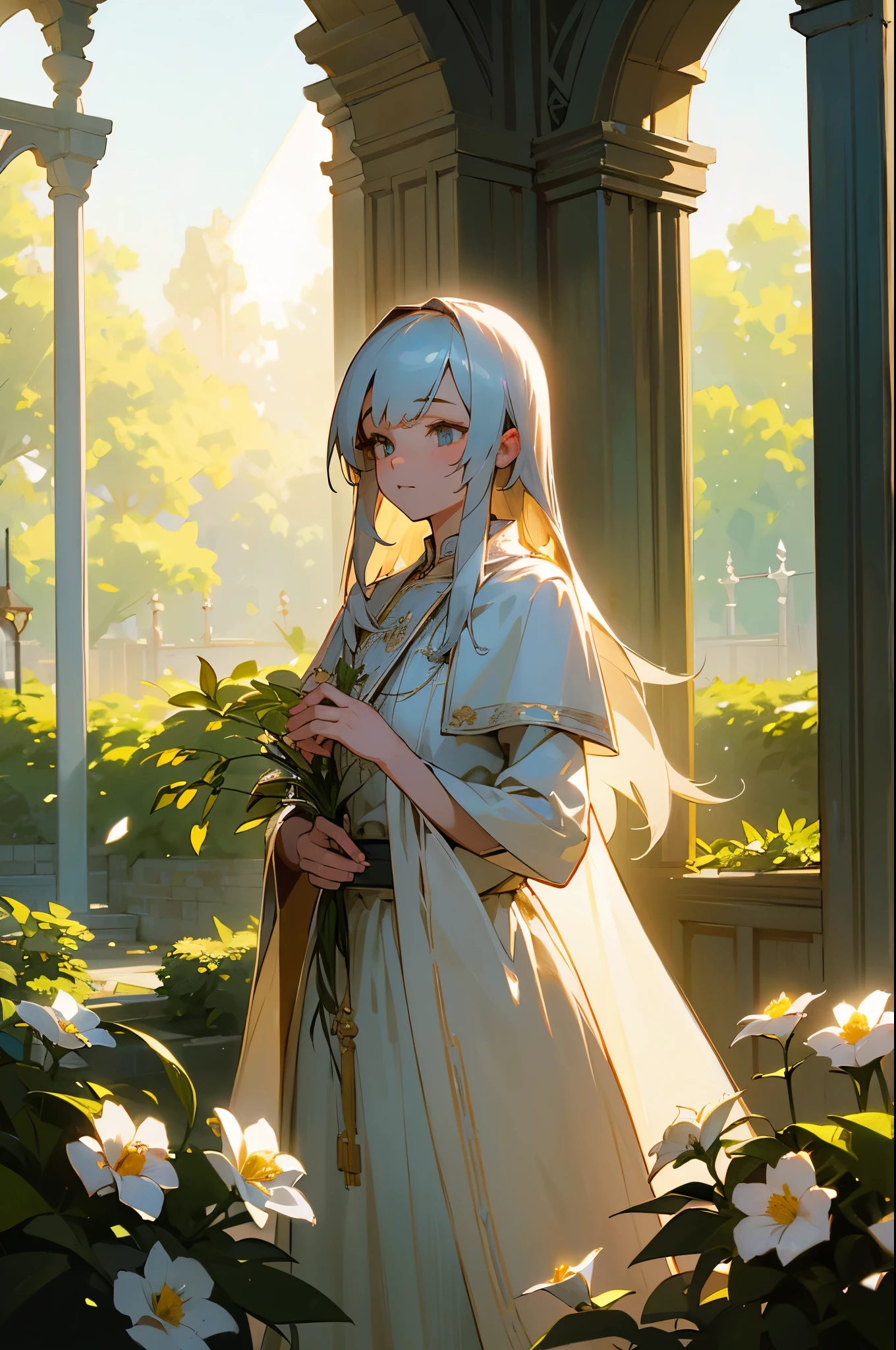 Cinematic Effects, Fancy Effects, Intricate Details, Solo, 1 Maiden, (2D + Crooked Bob: 1.2), Delicate Eyes, Dress, Garden, Ultra Wide Angle Lens, Sunlight, Light and Shadow, Religious, Holy, White and Tender Complexion, Quiet ,,,, Afternoon, Long Hair, Purity, cowboy shot