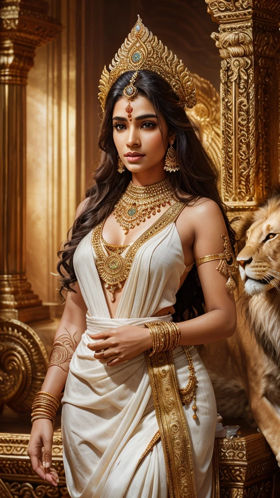 a beautiful hindu goddess, detailed face HD, piercing eyes, full lips, long flowing white and golden dress, holding a trishul, a majestic lion nearby, intricate jewelry, glowing ethereal aura, highly detailed, photorealistic, dramatic lighting, vibrant colors, ornate background, digital art HD