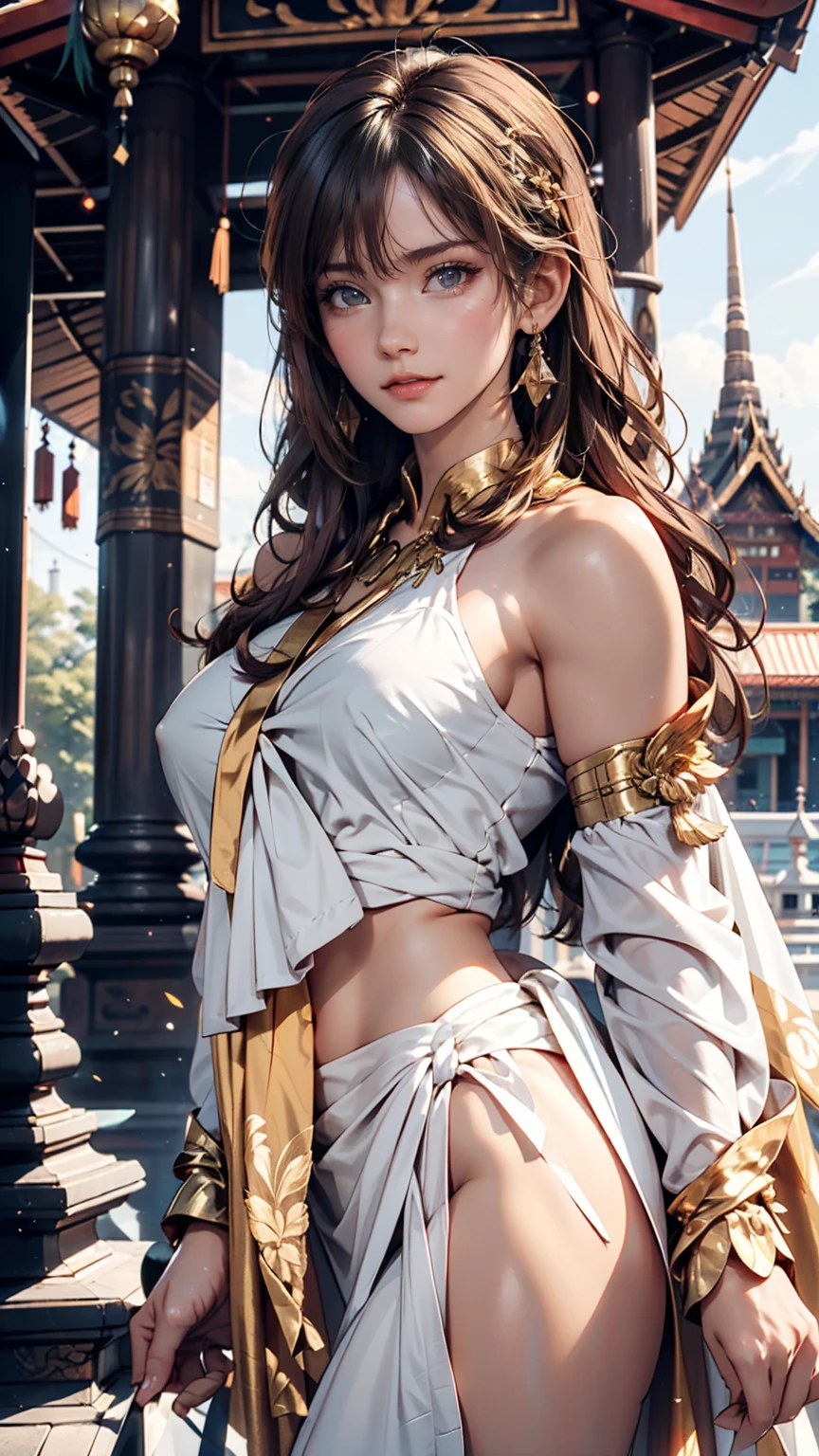 A woman poses in front of the magnificent Wat Phra Kaew temple in Bangkok, Thailand。She is wearing colorful sarongs and、Wearing a light white tunic、A thin shawl is draped over her shoulders。In the background you can see golden pagodas and vibrant temple decorations.。