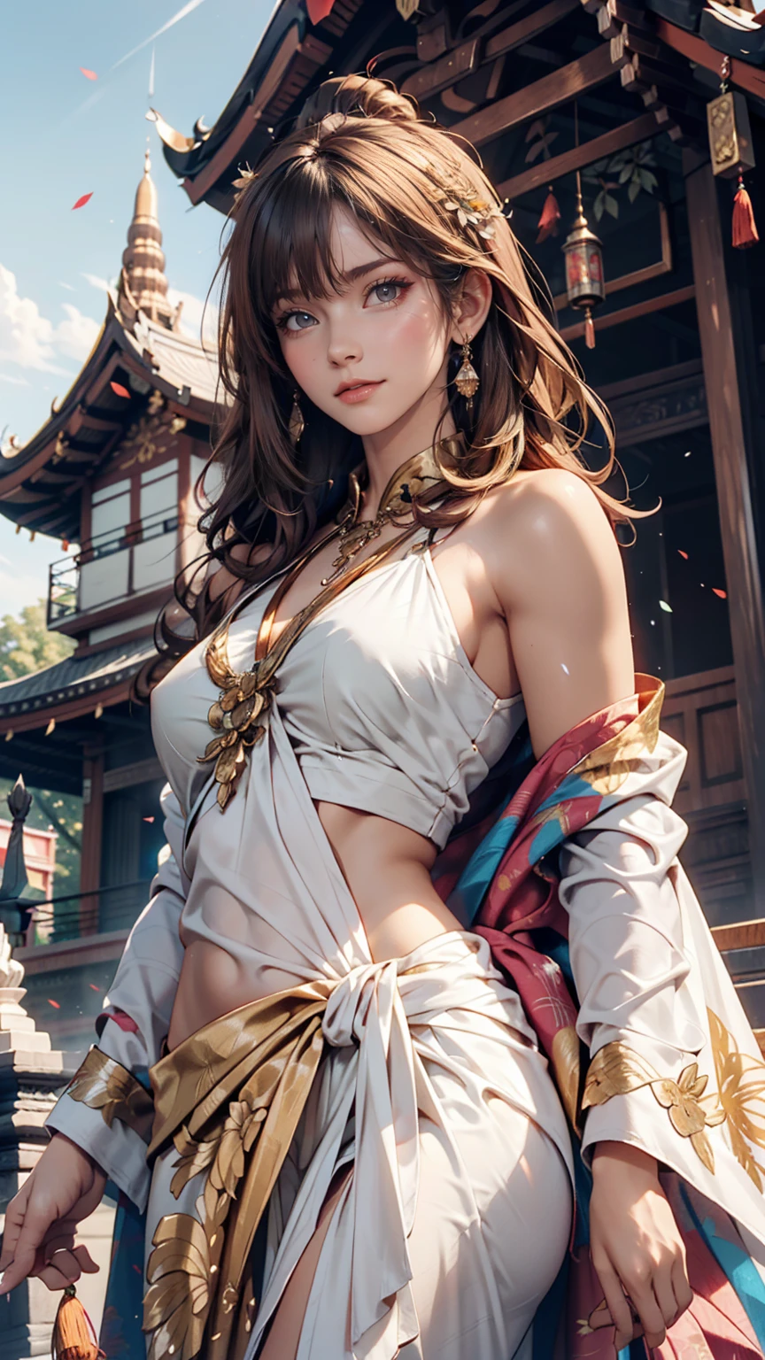 A woman poses in front of the magnificent Wat Phra Kaew temple in Bangkok, Thailand。She is wearing colorful sarongs and、Wearing a light white tunic、A thin shawl is draped over her shoulders。In the background you can see golden pagodas and vibrant temple decorations.。