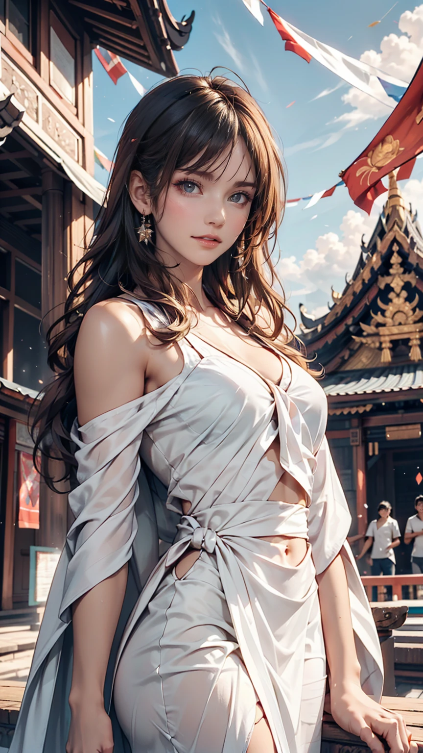 A woman poses in front of the magnificent Wat Phra Kaew temple in Bangkok, Thailand。She is wearing colorful sarongs and、Wearing a light white tunic、A thin shawl is draped over her shoulders。In the background you can see golden pagodas and vibrant temple decorations.。