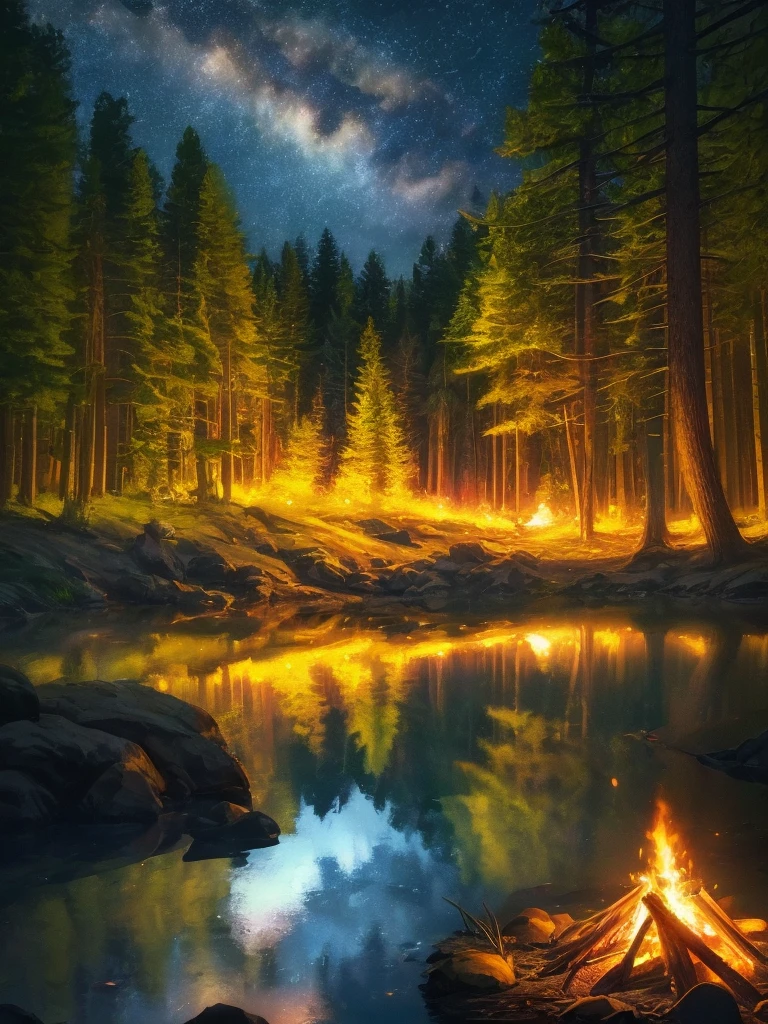 a beautiful campfire, a campground by a forest, a tent nearby, night, lovely atmosphere, cinematic lighting, dramatic shadows, glowing embers, warm colors, reflection in the lake, detailed landscape, serene and peaceful, photorealistic, (best quality,8k,highres, masterpiece:1.2),ultra-detailed,(realistic,photorealistic,photo-realistic:1.37),landscape,dramatic lighting,vibrant colors