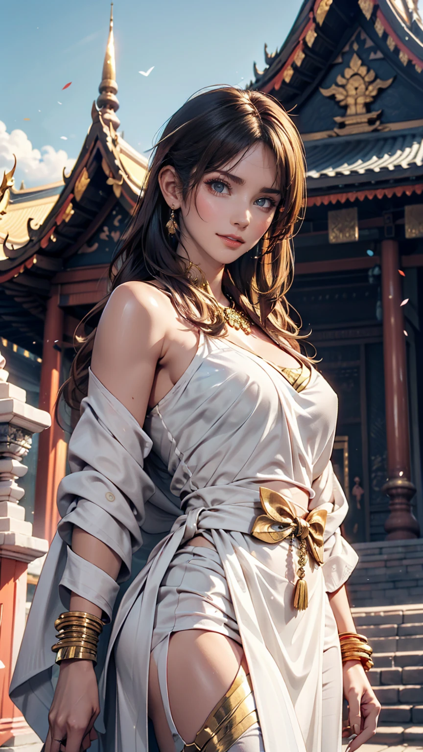 A woman poses in front of the magnificent Wat Phra Kaew temple in Bangkok, Thailand。She is wearing colorful sarongs and、Wearing a light white tunic、A thin shawl is draped over her shoulders。In the background you can see golden pagodas and vibrant temple decorations.。