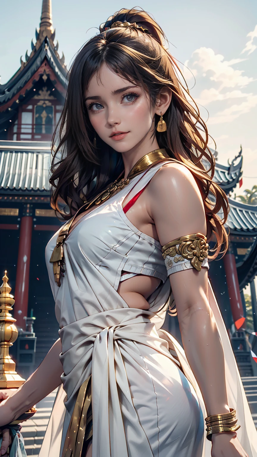 A woman poses in front of the magnificent Wat Phra Kaew temple in Bangkok, Thailand。She is wearing colorful sarongs and、Wearing a light white tunic、A thin shawl is draped over her shoulders。In the background you can see golden pagodas and vibrant temple decorations.。