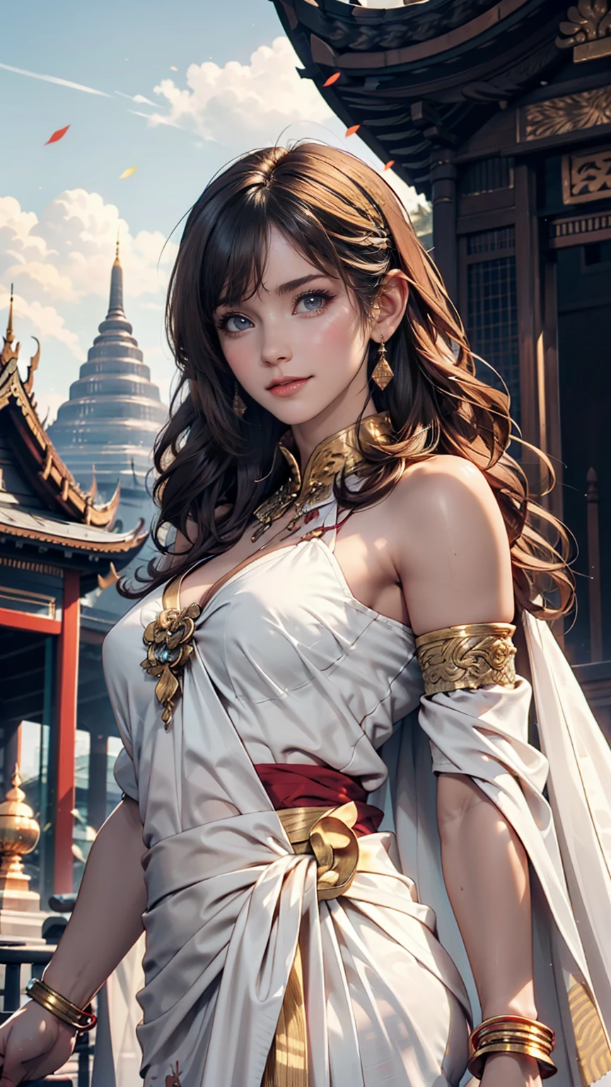 A woman poses in front of the magnificent Wat Phra Kaew temple in Bangkok, Thailand。She is wearing colorful sarongs and、Wearing a light white tunic、A thin shawl is draped over her shoulders。In the background you can see golden pagodas and vibrant temple decorations.。