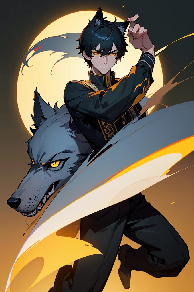 (4K works))、masterpiece、(top-quality)、Korean Male、Adult male、((Adult 26 years old))、((Adult older brother))、((werewolf man))、((The Man with Wolf Ears))、((Face similar to Hyun Jin))、Cool Men、tall、((Glaring expression))、((Strong eyes))、((Black cool werewolf fashion))、((Long sleeve long trouser style))、((smaller face))、Slim body、((hooligan))、((Black short-haired))、((Yellow eyes))、((shot from front))、((Shot alone))、((Solo Photography))、Professional Photos、((Emoticon pack))、emoji pack、Wolf's Pose、((Werewolf costume))