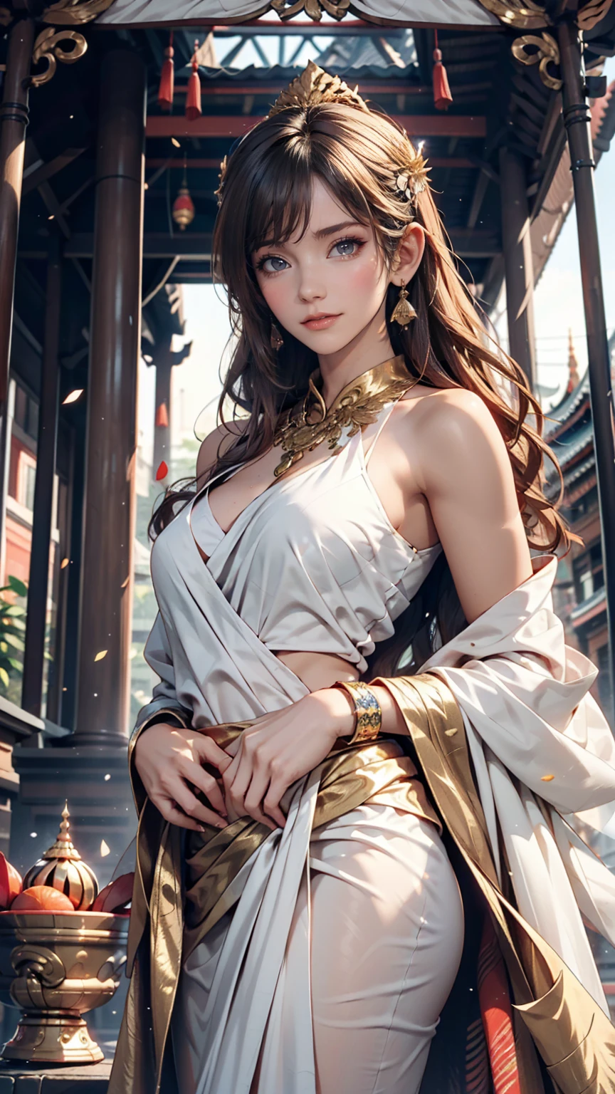 A woman poses in front of the magnificent Wat Phra Kaew temple in Bangkok, Thailand。She is wearing colorful sarongs and、Wearing a light white tunic、A thin shawl is draped over her shoulders。In the background you can see golden pagodas and vibrant temple decorations.。
