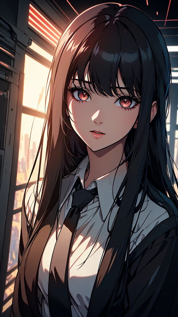 1girl, long black hair, white business shirt with tie, halo over head, beautiful detailed eyes, beautiful detailed lips, extremely detailed face, long eyelashes, standing on red and black gradient background, anime style, film noir, berserk manga, neon genesis evangelion, UFOTABLE art style, zero two, dark anime, monochrome, (best quality,4k,8k,highres,masterpiece:1.2),ultra-detailed,(realistic,photorealistic,photo-realistic:1.37),HDR,UHD,studio lighting,ultra-fine painting,sharp focus,physically-based rendering,extreme detail description,professional,vivid colors,bokeh