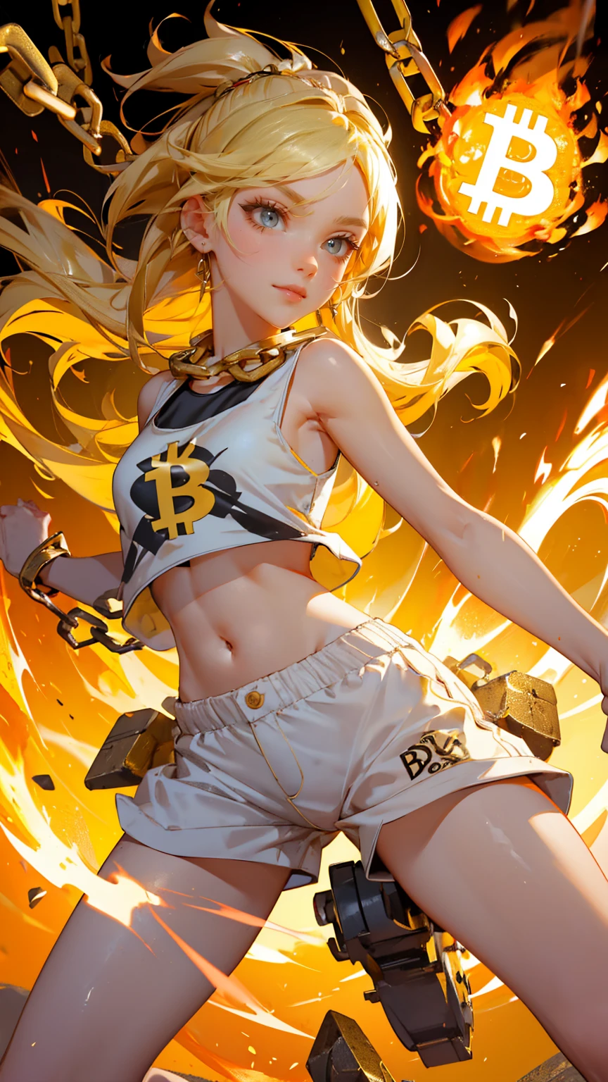 A cute girl, wearing white tank top and shorts with her mouth open in surprise running away from gold coins on fire with yellow background. There is also an angry face looking at the camera. The ground around her has many Bitcoin logos. In front of it chains that fall to one side, angry face, in ager