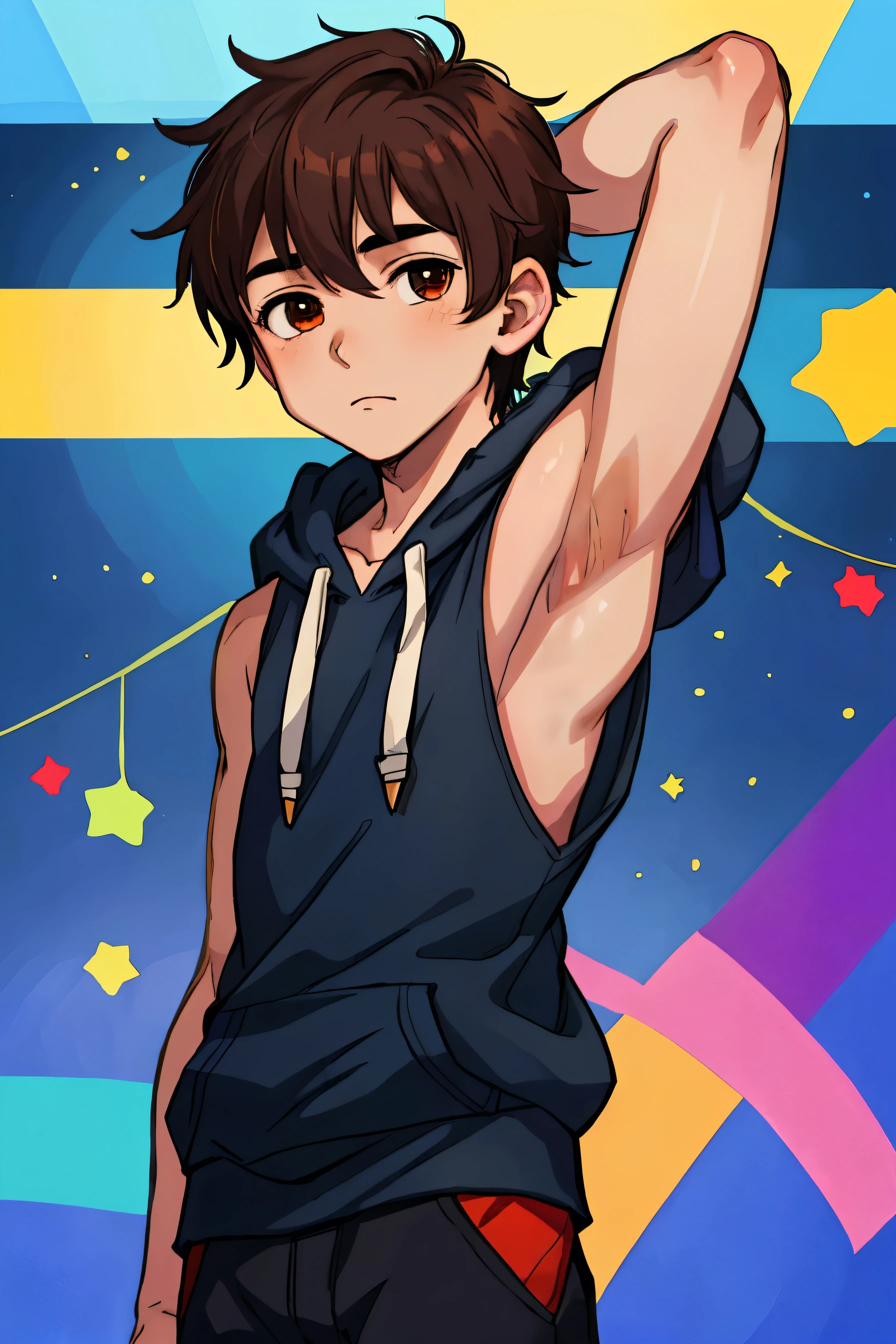 Highres, Masterpiece, Best quality at best,Best Quality,hight quality, hight detailed, Anime style, 1boy, Shota, young boy, Solo person, Black hoodie, Sleeveless hoodie, Seen from the front, look at viewer, (Showing armpit:1.3), (very young boy), (very small and short body), 12-year-old boys, hansome boy, Uhd, 8k reesolution, bokeh