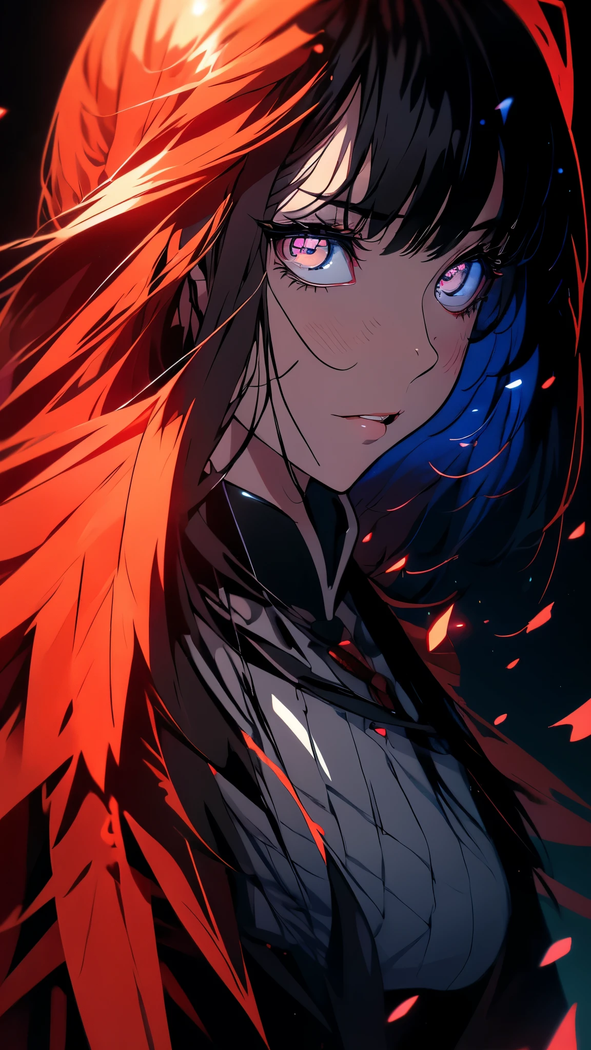 1girl, long black hair, white business shirt with tie, halo over head, beautiful detailed eyes, beautiful detailed lips, extremely detailed face, long eyelashes, standing on red and black gradient background, anime style, film noir, berserk manga, neon genesis evangelion, UFOTABLE art style, zero two, dark anime, monochrome, (best quality,4k,8k,highres,masterpiece:1.2),ultra-detailed,(realistic,photorealistic,photo-realistic:1.37),HDR,UHD,studio lighting,ultra-fine painting,sharp focus,physically-based rendering,extreme detail description,professional,vivid colors,bokeh