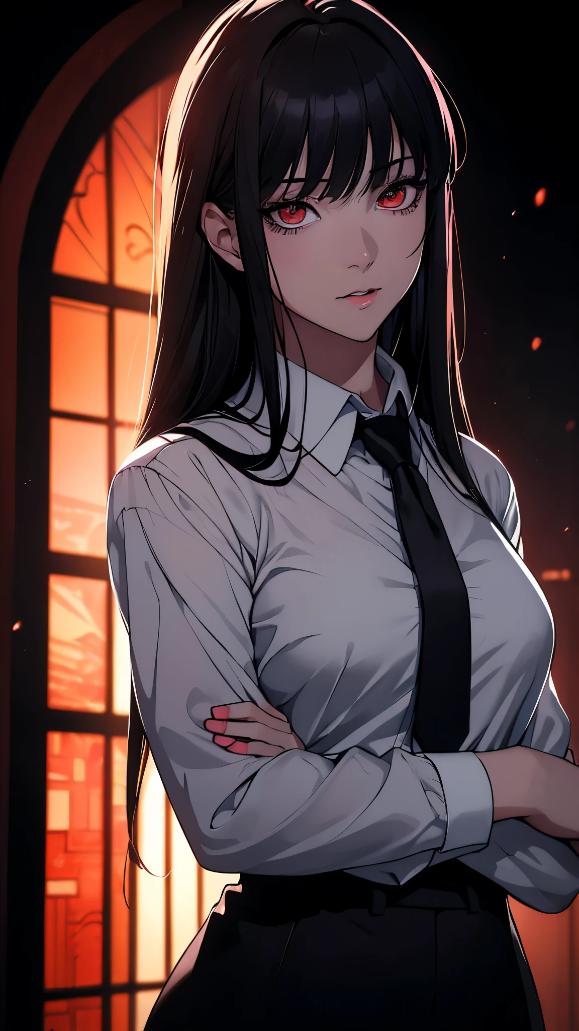 1girl, long black hair, white business shirt with tie, halo over head, beautiful detailed eyes, beautiful detailed lips, extremely detailed face, long eyelashes, standing on red and black gradient background, anime style, film noir, berserk manga, neon genesis evangelion, UFOTABLE art style, zero two, dark anime, monochrome, (best quality,4k,8k,highres,masterpiece:1.2),ultra-detailed,(realistic,photorealistic,photo-realistic:1.37),HDR,UHD,studio lighting,ultra-fine painting,sharp focus,physically-based rendering,extreme detail description,professional,vivid colors,bokeh