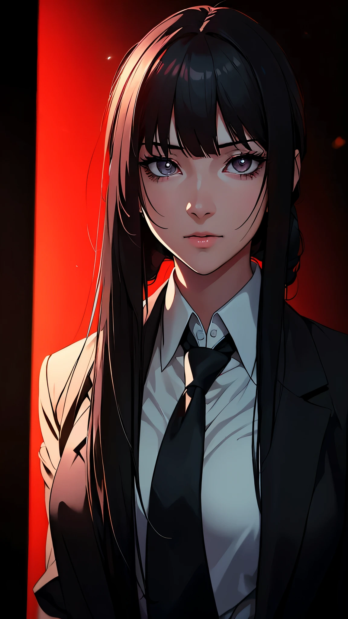 1girl, long black hair, white business shirt with tie, halo over head, beautiful detailed eyes, beautiful detailed lips, extremely detailed face, long eyelashes, standing on red and black gradient background, anime style, film noir, berserk manga, neon genesis evangelion, UFOTABLE art style, zero two, dark anime, monochrome, (best quality,4k,8k,highres,masterpiece:1.2),ultra-detailed,(realistic,photorealistic,photo-realistic:1.37),HDR,UHD,studio lighting,ultra-fine painting,sharp focus,physically-based rendering,extreme detail description,professional,vivid colors,bokeh