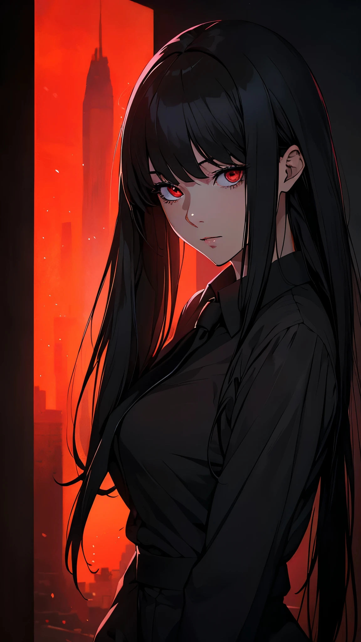 1girl, long black hair, white business shirt with tie, halo over head, beautiful detailed eyes, beautiful detailed lips, extremely detailed face, long eyelashes, standing on red and black gradient background, anime style, film noir, berserk manga, neon genesis evangelion, UFOTABLE art style, zero two, dark anime, monochrome, (best quality,4k,8k,highres,masterpiece:1.2),ultra-detailed,(realistic,photorealistic,photo-realistic:1.37),HDR,UHD,studio lighting,ultra-fine painting,sharp focus,physically-based rendering,extreme detail description,professional,vivid colors,bokeh
