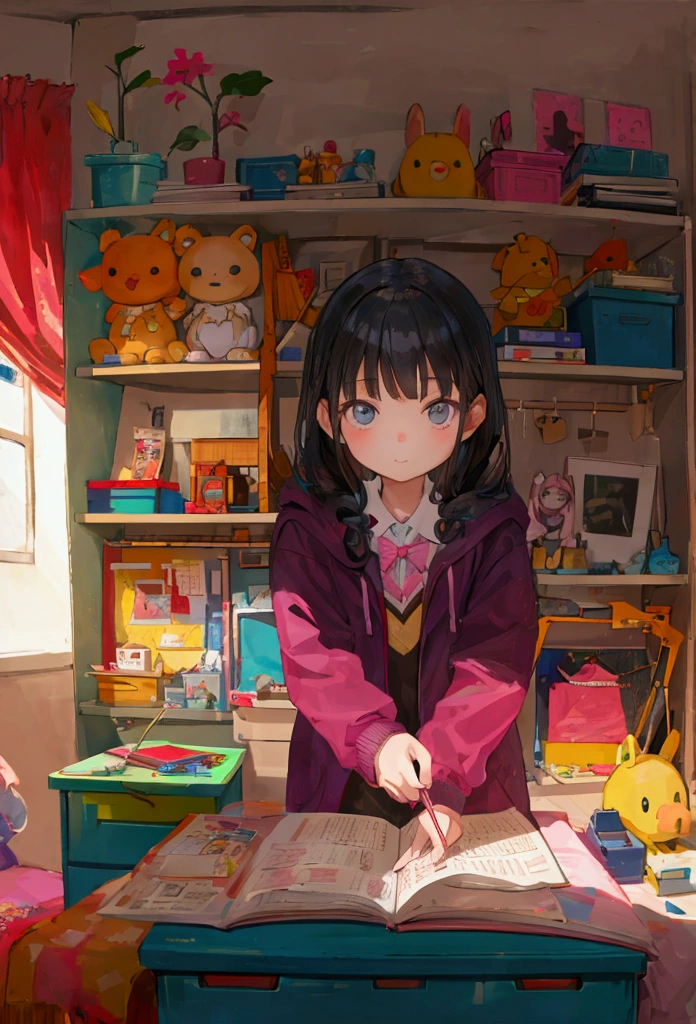 A 7 year old girl studying in her room 