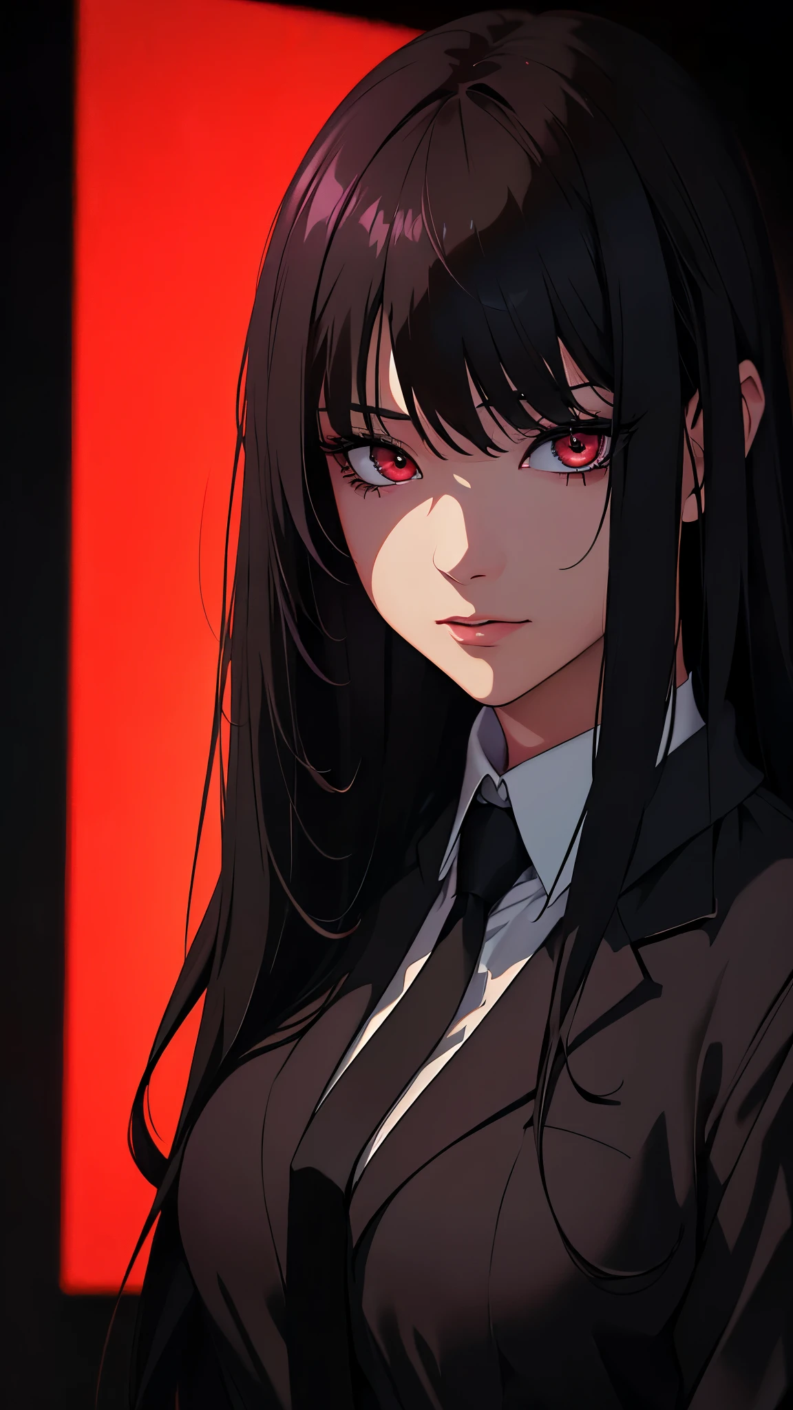 1girl, long black hair, white business shirt with tie, halo over head, beautiful detailed eyes, beautiful detailed lips, extremely detailed face, long eyelashes, standing on red and black gradient background, anime style, film noir, berserk manga, neon genesis evangelion, UFOTABLE art style, zero two, dark anime, monochrome, (best quality,4k,8k,highres,masterpiece:1.2),ultra-detailed,(realistic,photorealistic,photo-realistic:1.37),HDR,UHD,studio lighting,ultra-fine painting,sharp focus,physically-based rendering,extreme detail description,professional,vivid colors,bokeh