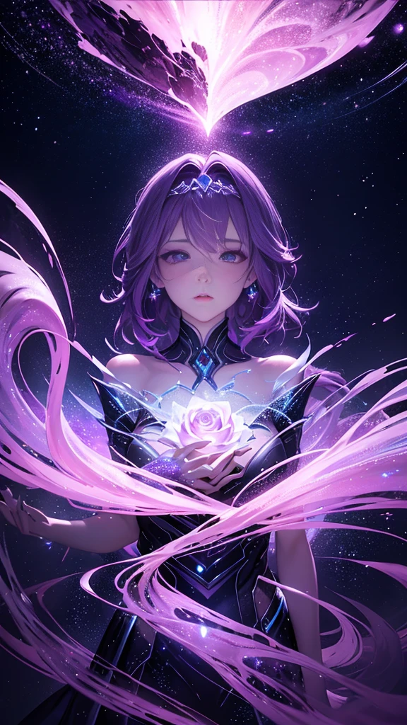 dreamwave, aesthetic, a (frozen:1.1) cosmic rose, the petals glitter with a crystalline shimmer, swirling nebulas, 8k unreal engine photorealism, ethereal lighting, purple, nighttime, darkness, surreal art