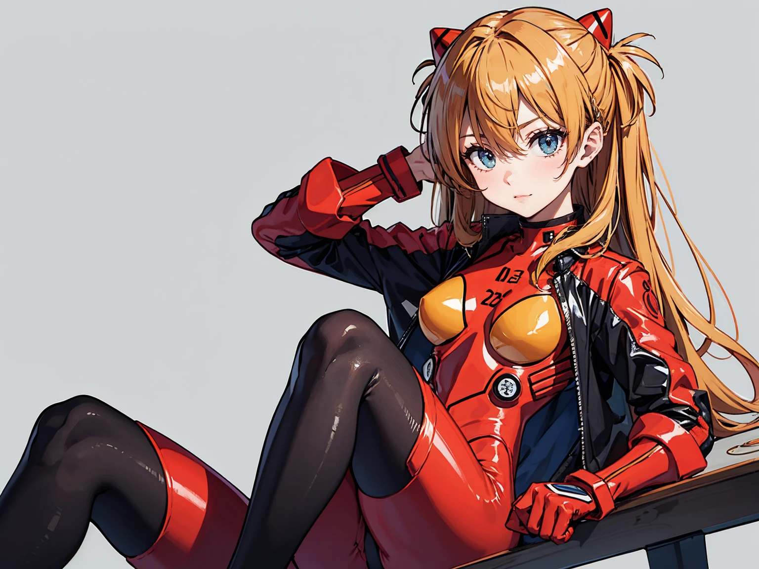 masterpiece, best quality, ï¼Œsouryuu asuka langleyï¼Œ1girl, Solitary, Plug set, breast, long_hair, Red_Tights, orange_hair, Tights, Watching_exist_Viewer, White_background, Moderate_breast, blue_Eye, simple_background, hair_between_Eye, sit, interface_earphone, Bangs, closure_Mouth