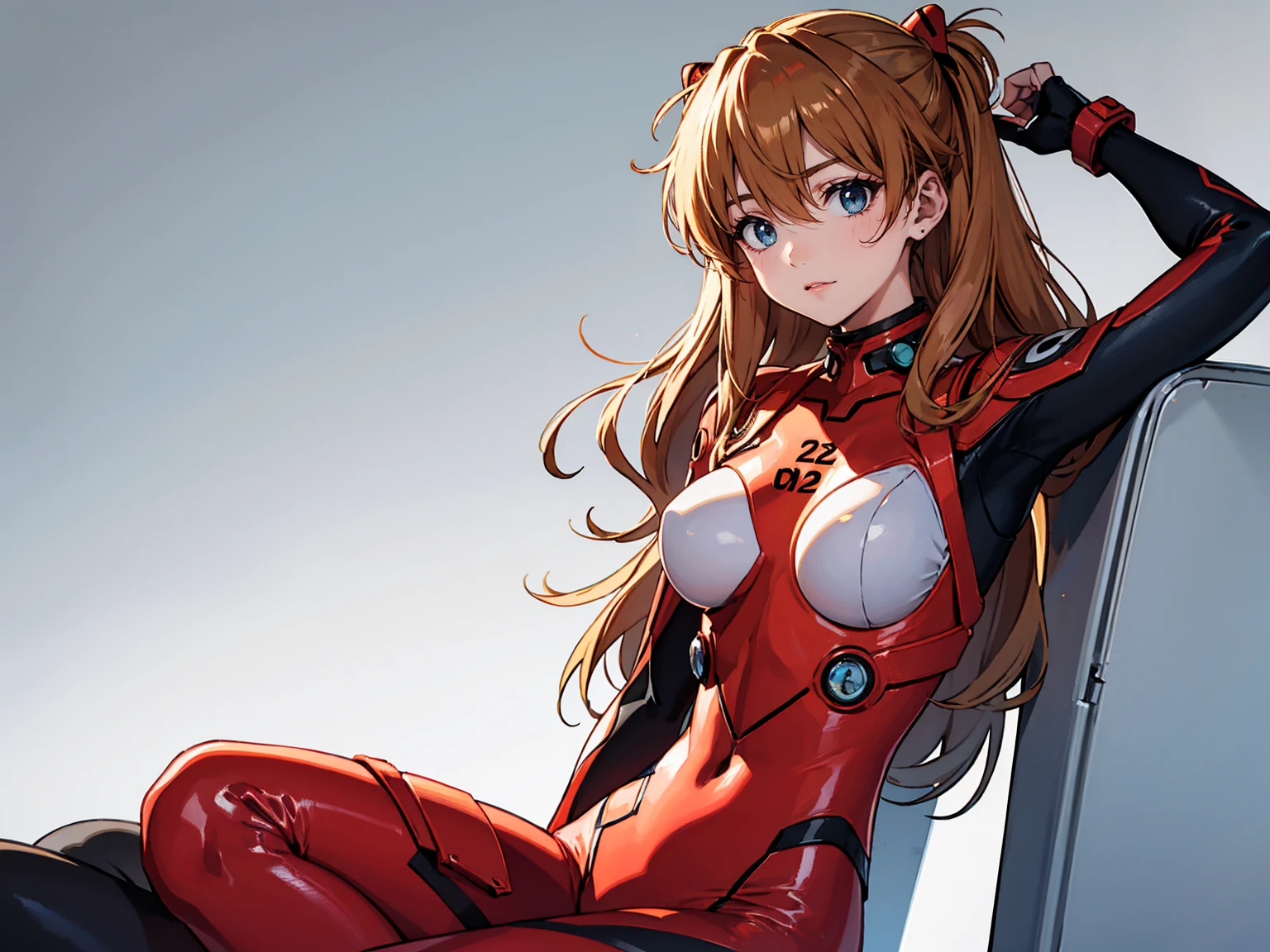 masterpiece, best quality, ,souryuu asuka langley,1girl, Solitary, Plug set, , long_hair, Red_Tights, orange_hair, Tights, Watching_exist_Viewer, White_background, Moderate_breast_Eye, simple_background, hair_between_Eye, sit, interface_earphone, Bangs, closure_Mouth