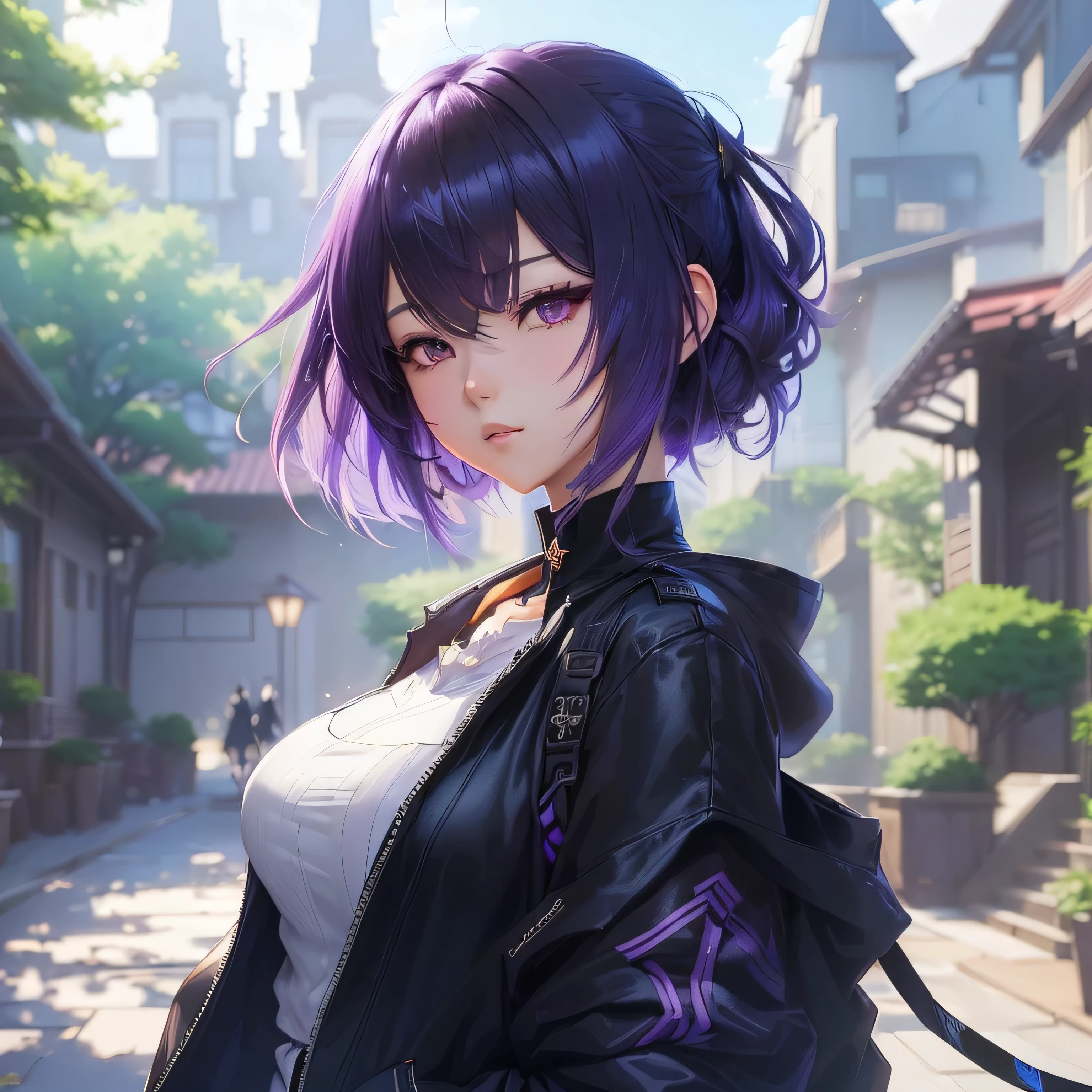 anime girl with purple hair and black jacket standing in a courtyard, smooth anime cg art, artwork in the style of guweiz, anime style 4 k, guweiz, anime visual of a cute girl, portrait of an anime girl, badass anime 8 k, ayaka genshin impact, beautiful anime portrait, attractive anime girl, seductive anime girl