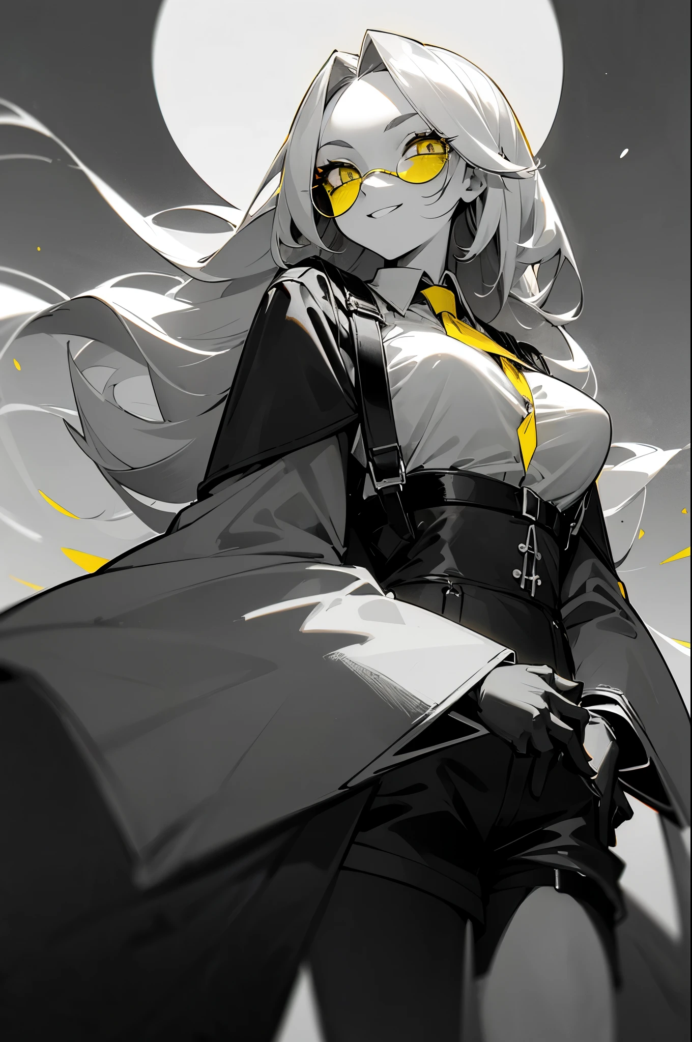 (((colored yellow eyes with greyscale background))), 1girl, woman, solo, long hair, big hair, (forehead:1.2), (round sunglasses:1.19), yellow eyes, medium breasts, devilish grin, white hair, (overcoat, black coat, open coat:1.2), white shirt, collared shirt, (chest harness, shoulder strap:1.15), black leather shorts, garter belt, gloves, ((from below)), elegant, looking at viewer, standing, chromatic aberration, (close-up to face:1.2), face only masterpiece, best quality, 4k