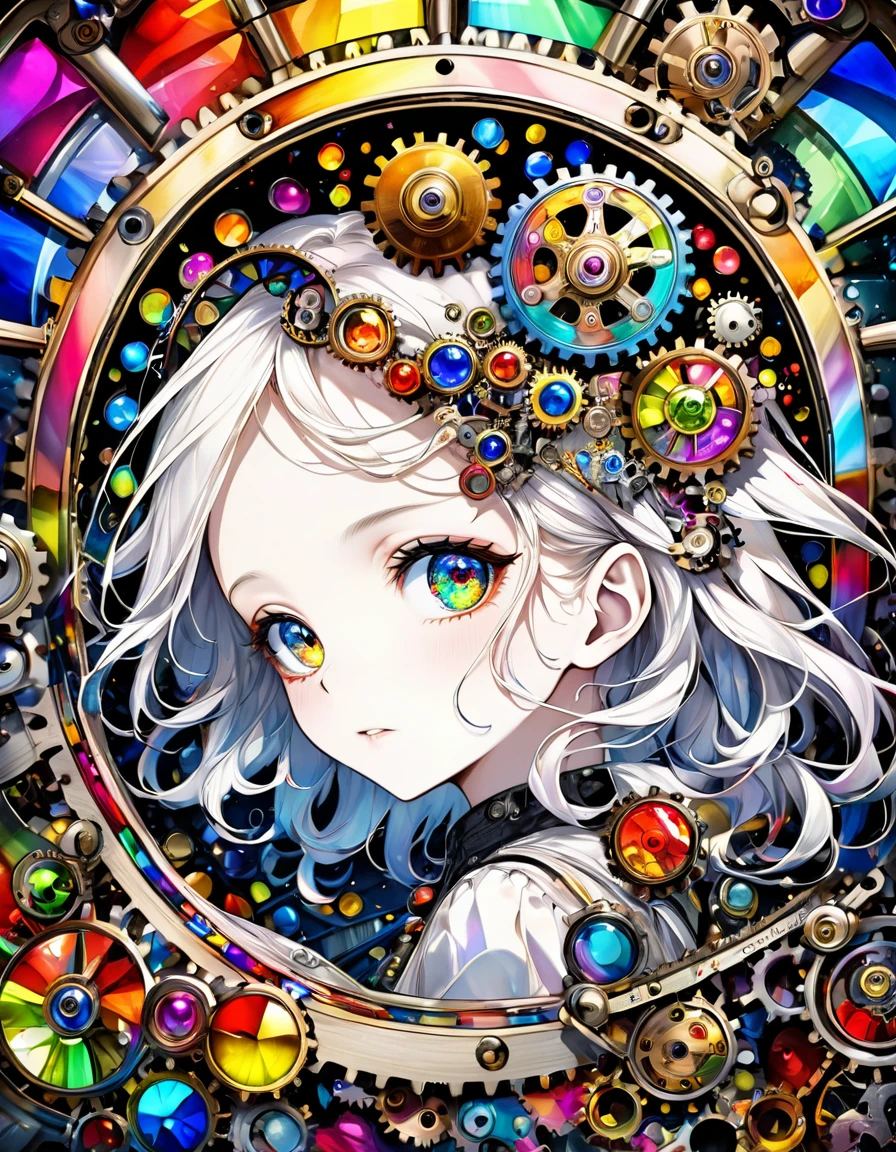 Top quality, Superfine, 16k, Incredibly absurd, Highly detailed, Delicate and dynamic, Stained glass kaleidoscope made of various colored gems, With mechanical mechanism, Clockwork mechanism, and gear mechanism, Black and white girl looking into it, Rainbow world of colors Artwork , taken with a Leica camera, f/1.8