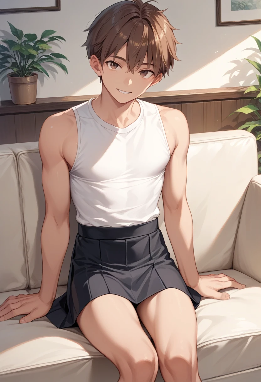 1boy, solo, straight hair, short hair, brown hair, white shirt, sleeveless, black skirt, sitting, sofa, indoors, looking at viewer, smile