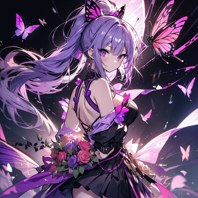 1 girl、Mature、Ample breasts、Purple Hair、Long Hair、ponytail、ballerina、ballerinaの衣装、Miniskirt、Punk costumes、Butterflies fluttering、Look to the side、Having a bouquet of roses、High resolution、Highest quality、