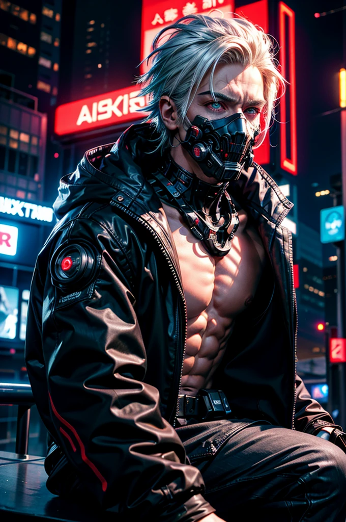 "dark theme :: closeup face focus, ultra realistic futuristic cyberpunk muscular male white hair sitting :: cyberpunk face (cyber eyes) :: cool cybernetic punk jacket red neon eyes :: shirtless:: mechanical intricate mask :: natural lighting :: bokeh :: 8k :: best quality :: masterpiece :: futuristic cityscape background"