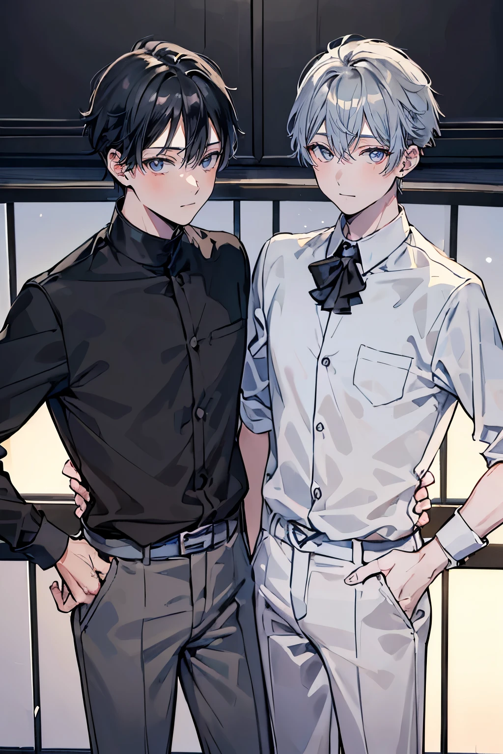 (Mastepiece), (Best Quality), Very detailed, (((Two friendly boys:1.5))), Perfect Face, Beautiful Face, Very detailedな顔，(Black Haired Man:1.3)，(Grey-haired man:1.3)，Boys&#39; Room、Plain T-shirt
