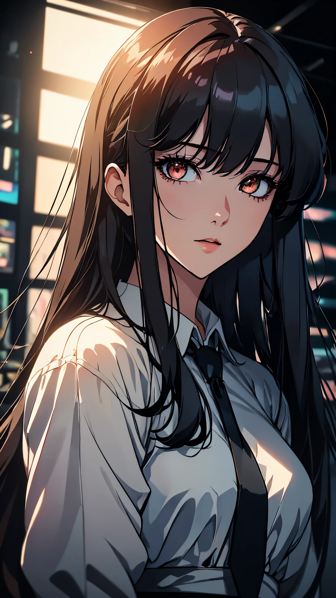 1girl, long black hair, white business shirt with tie, halo over head, beautiful detailed eyes, beautiful detailed lips, extremely detailed face, long eyelashes, standing on red and black gradient background, anime style, film noir, berserk manga, neon genesis evangelion, UFOTABLE art style, zero two, dark anime, monochrome, (best quality,4k,8k,highres,masterpiece:1.2),ultra-detailed,(realistic,photorealistic,photo-realistic:1.37),HDR,UHD,studio lighting,ultra-fine painting,sharp focus,physically-based rendering,extreme detail description,professional,vivid colors,bokeh