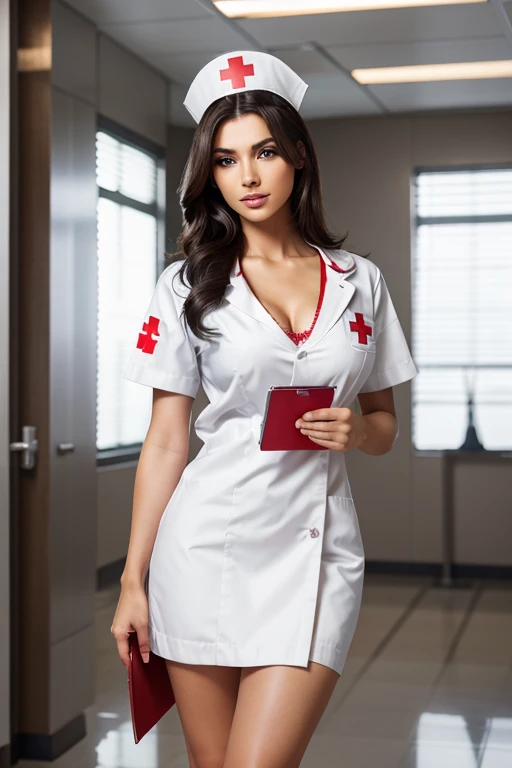 Full body, a nurse cap with red cross symbol, beautiful detailed eyes, beautiful detailed lips, extremely detailed face, longeyelashes, medical uniform, clevage, short skirt, medical equipment, holding a clipboard, standing in a hospital interior with blurred background, professional, photorealistic, cinematic lighting, epic, dramatic, intricate details, highly detailed, masterpiece, 8k