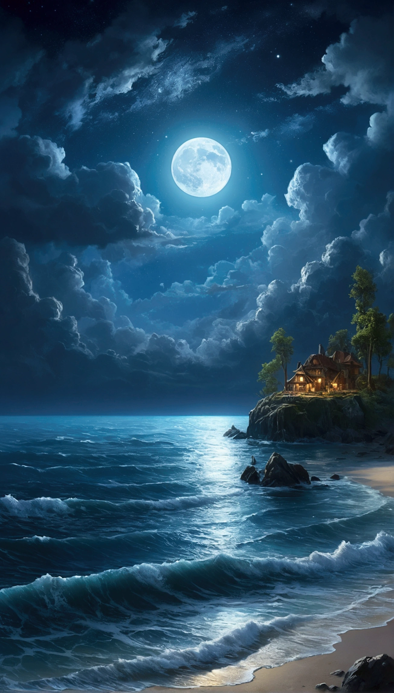 (Highest quality,4K,8k,High resolution,masterpiece:1.2),Very detailed,Realistic:1.37,The moonlit night sky blends into the sea, Mysterious, melancholic, Crystal Clear, Full of intricate details, amazing, Vibrant colors, Beautiful sky and clouds, deep, Azure, Starlight, It&#39;s dim, Ghostly, Impressionist, High resolution, Fantastic style, Sci-fi atmosphere, many, Da Vinci, Albert Bierstadt, William Turner