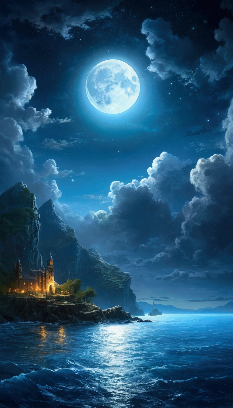 (Highest quality,4K,8k,High resolution,masterpiece:1.2),Very detailed,Realistic:1.37,The moonlit night sky blends into the sea, Mysterious, melancholic, Crystal Clear, Full of intricate details, amazing, Vibrant colors, Beautiful sky and clouds, deep, Azure, Starlight, It's dim, Ghostly, Impressionist, High resolution, Fantastic style, Sci-fi atmosphere, many, Da Vinci, Albert Bierstadt, William Turner