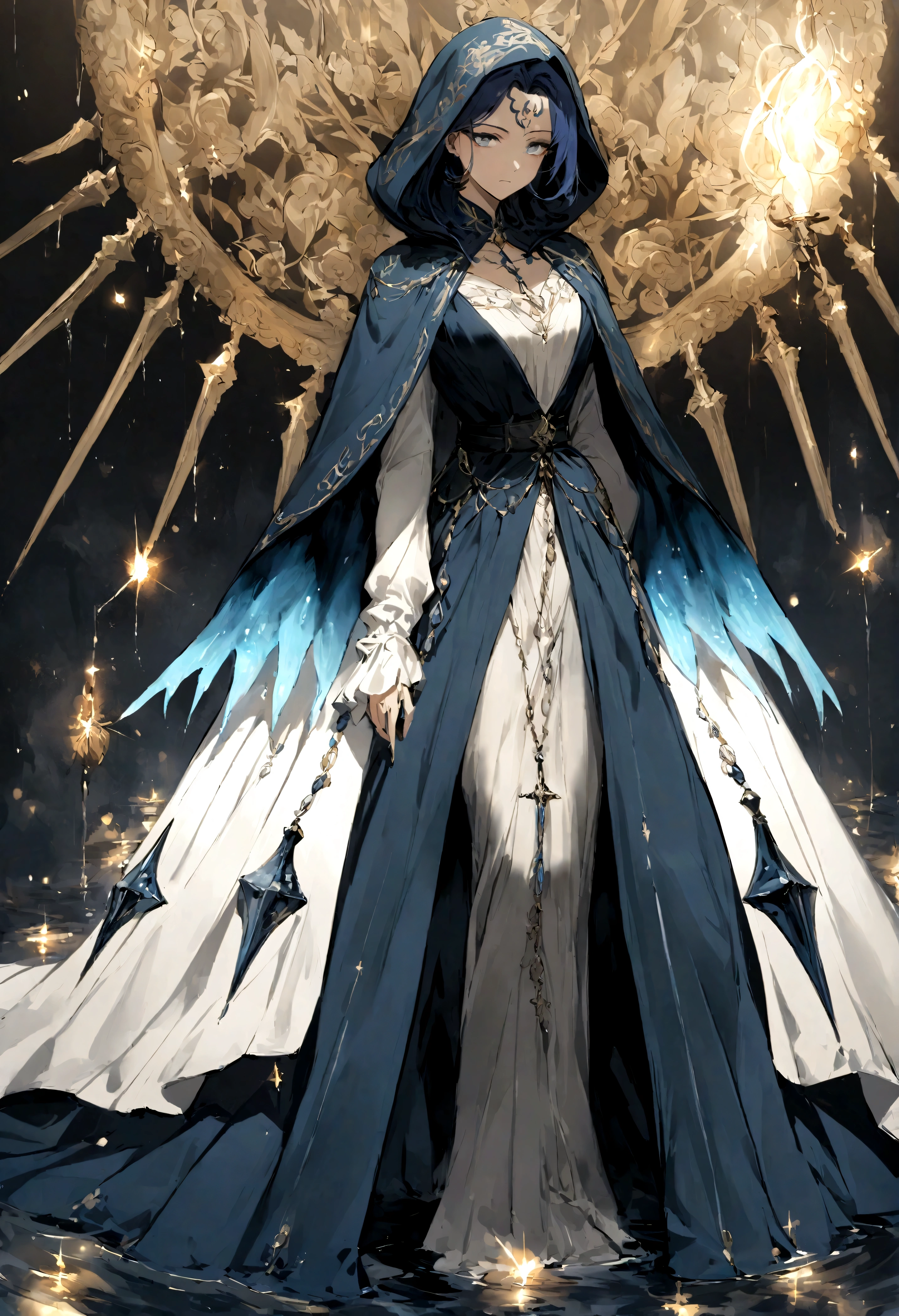 a spirit with dark blue hair that flows like the waves of the sea. Your eyes could glow like fireflies in the dark.
Vestimenta elegante: The spirit could wear a black robe with silver or blue details. Sleeves could be embellished with water droplet or swirl patterns. A belt with a small sword could complete your outfit.
Rasgos misteriosos: Since it is the “Puddle of the Night”, you could give it a mysterious air. Your face may be partially hidden by a hood or mask. Their movements could be fluid and enigmatic.
water weapons: The spirit could wield a sword that appears to be made of water with sharp edges. Imagina que las gotas de agua fluyen a lo largo de la hoja mientras se mueve.
Tatuajes o marcas: You could add tattoos or marks on their skin that represent the night and water. Maybe a crescent moon on your forehead or water droplet symbols on your arms