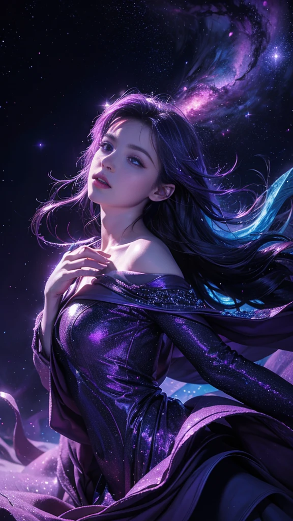 dreamwave, aesthetic, a (frozen:1.1) cosmic rose, the petals glitter with a crystalline shimmer, swirling nebulas, 8k unreal engine photorealism, ethereal lighting, purple, nighttime, darkness, surreal art
