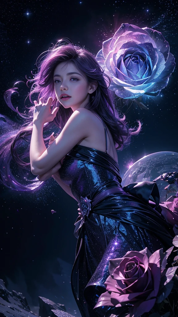 dreamwave, aesthetic, a (frozen:1.1) cosmic rose, the petals glitter with a crystalline shimmer, swirling nebulas, 8k unreal engine photorealism, ethereal lighting, purple, nighttime, darkness, surreal art
